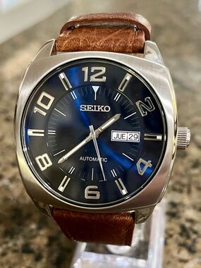 Seiko Recraft Series.   Blue Dial Automatic Watch with Brown Strap